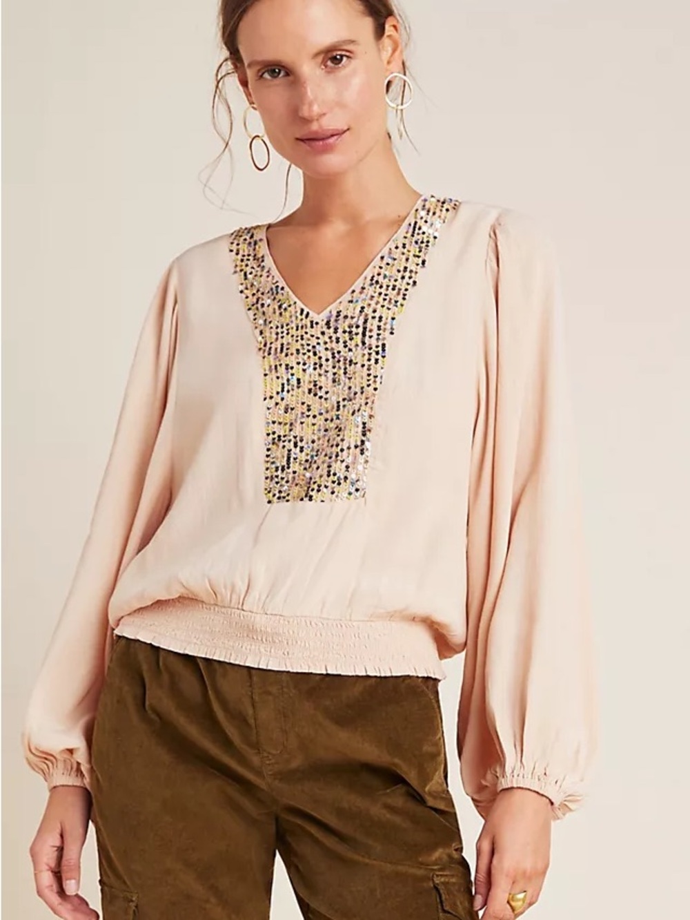 Anthropologie Kristie Sequined Peasant Blouse peach Color Sz S